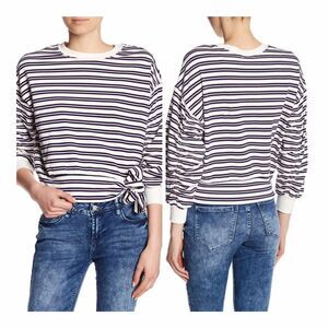 Kensie Striped Shirred 3/4 Sleeve White Navy Pink Sweatshirt Top Size Small